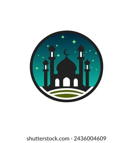 Mosque vector, Black mosque vector illustration with black and green gradient background.