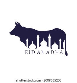 Moschee, Vektorgrafik und Kuhsilhouette für eide adha