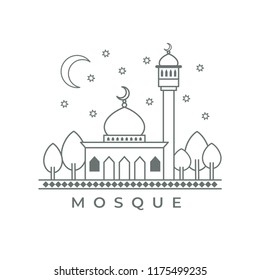 Mosque vector icon on white background with trees, clouds and crescent moon