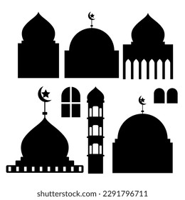 mosque vector icon set. mosque design element illustration. black and white mosque for eid al fitr banner, poster, book cover, design template and design element. editable vector