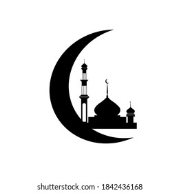 Mosque vector icon. Symbol of a place of worship with a crescent moon.