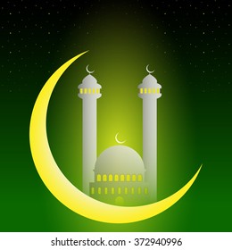 Mosque vector illustration with crescent moon and stars. Beautiful white Mosque with glowing gold windows on green and golden background. Ramadan Kareem celebration. Eid Mubarak Islamic background.