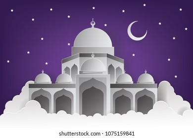 Mosque Vector Illustration. Mosque Paper Art Style. Ramadan Kareem Paper Art and Craft Style.