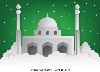 Mosque Vector Illustration. Mosque Paper Art Style. Ramadan Kareem Paper Art and Craft Style.
