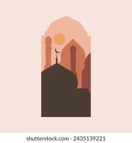 Ilustración vectorial de la mezquita,. Ramadan Kareem Eid Mubarak diseño de vector abstracto. Ilustración moderna con ventana, arco, cúpula de la mezquita, luna creciente. Fondos islámicos para tarjetas de felicitación, carteles