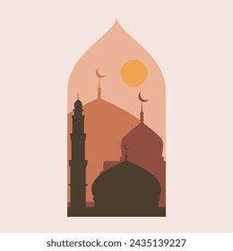 Mosque Vector Illustration,. Ramadan Kareem Eid Mubarak abstract vector design. Modern illustration with window, arch, mosque dome, crescent moon. Islamic backgrounds for greeting cards, posters