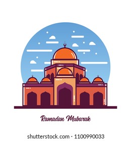 Mosque Vector Illustration. Ramadan mubarak greeting card design with mosque vector illustration. Ramadan Mubarak Greeting card background. Mosque flat illustration. Ramadan Kareem illustration.