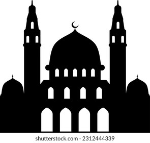 Mosque vector illustration. Silhouette mosque icon for sign and symbol of muslim worship place. Mosque icon of islam religion and muslim faith. Place of muslim to pray