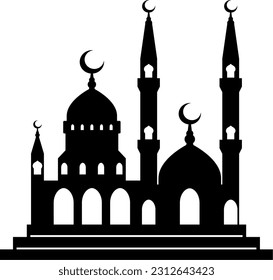 Mosque vector illustration. Silhouette mosque icon for sign and symbol of muslim worship place. Mosque icon of islam religion and muslim faith. Place of muslim to pray