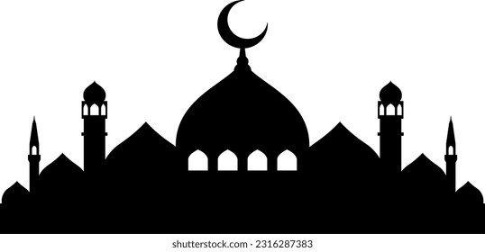 Mosque vector illustration. Silhouette mosque icon for sign and symbol of muslim worship place. Mosque icon of islam religion and muslim faith. Place of muslim to pray