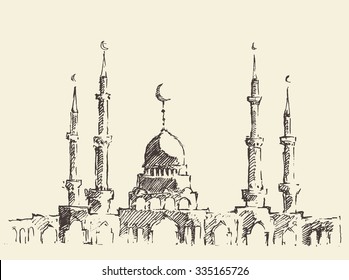 Mosque vintage engraved illustration, hand drawn, sketch