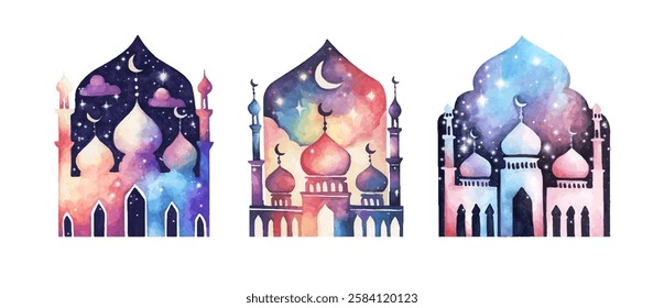 Mosque Watercolor Silhouette with Ramadan Kareem Theme Under a Starry Night Sky