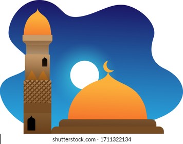 Mosque when the night is illuminated by the moon in the holy month of Ramadan