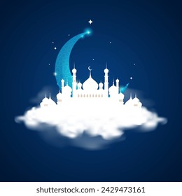 The mosque is white with clouds and a beautiful crescent moon