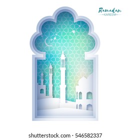 Mosque Window Ramadan Kareem Greeting card with arabic arabesque pattern.