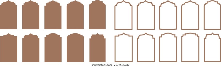 Mosque windows shape in oriental style. Islamic door set, flat arabic frames or arabian arches silhouette. Muslim architecture geometric design
