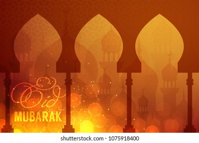Mosques and lights in a window landscape background. Vector card for holy month of muslim community Ramadan Kareem celebration