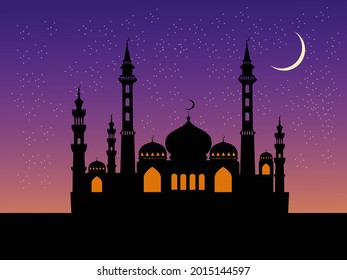 Die Silhouette der Moschee hat einen blauen Himmel und Sterne im Hintergrund.