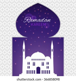 Mosques silhouette on purple night background. Vector flat illustration. Ramadan Kareem label. Greeting card. Holiday design for holy month of muslim community.