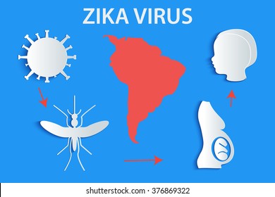 Mosquito aedes, zika virus, baby, pregnant woman with map south america. Outbreak, microcephaly and awareness infographics. Paper, origami, 3d concept.