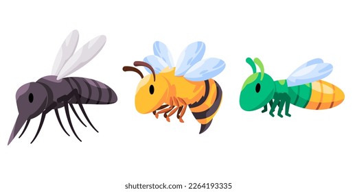 Dibujo de la abeja mosquitos y el vector de luciérnagas conjunto de insectos caricatura estilo personaje