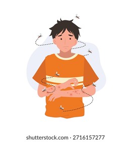 Concepto de alergia a la picadura de mosquitos y enfermedades transmitidas por insectos con ilustración de hombre rascador