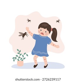 El mosquito pica al niño. Inflamación por picadura de mosquito en la piel del niño, miedo y una reacción alérgica. Niña tiene miedo de los insectos y huye de los mosquitos. Ilustración vectorial plana