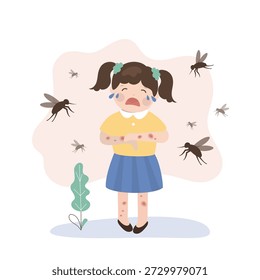 Mosquito bite child. Inflammation from mosquito bite on child's skin, fright and an allergic reaction. Unhappy girl crying and afraid of insects mosquitoes. flat vector illustration