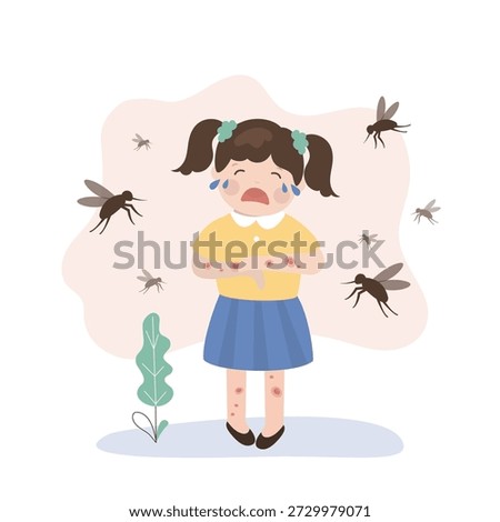 Mosquito bite child. Inflammation from mosquito bite on child's skin, fright and an allergic reaction. Unhappy girl crying and afraid of insects mosquitoes. flat vector illustration