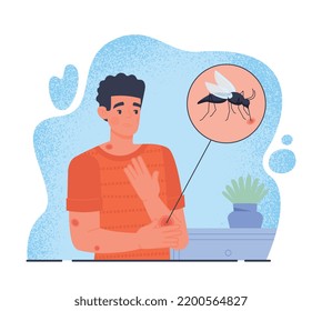 Mosquito bite concept. Young guy scratches his hand after being bitten by insect. Tropical and exotic animals, dangerous. Poster or banner for website. Skin problems. Cartoon flat vector illustration