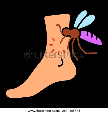 Mosquito bite icon. Mosquito stinging human foot with red marks, indicating irritation, swelling or disease risk.