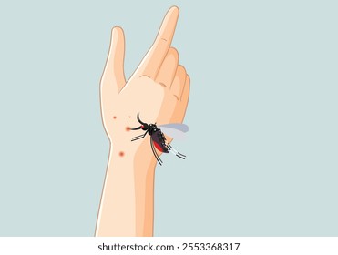A mosquito bite on a hand and make red spot. Inflamed mosquito bite. Healthcare vector illustration.