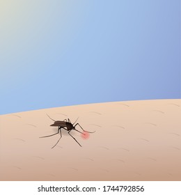 Mosquito bite on skin hand human. Insect bites man in arm. Template dangers Zika virus. Drinks the blood.  The concept of mosquitoes. Vector stock illustration.