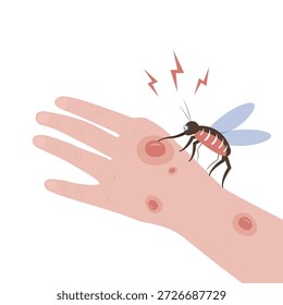 Mordedura de mosquito na mão humana da pele. O inseto morde o homem no braço. Perigos do vírus Zika. Bebe o sangue. Peste sanguinária. Design isolado no plano de fundo. Epidemia de malária. ilustração vetorial plana