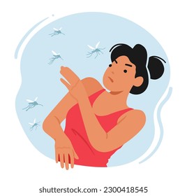 Mosquito Bite Woman Experiences Itching, Swelling, And Redness On Her Skin. Female Character Clapping the Insects with Displeased Facial Expression trying to Protect her Body from Bites, Illustration