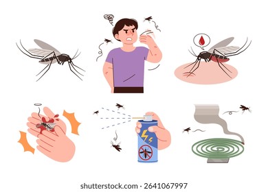 Mosquito bites and insecticide. Mosquito illustration collection.