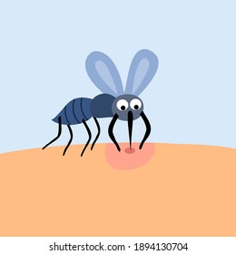 Mosquito biting human skin in flat design. Blood sucker insect cartoon. Virus disease carrier.