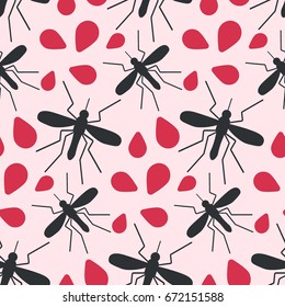 Mosquito and blood vector seamless pattern, Flat design of parasitic animal wallpaper isolated on the white background with round shadow, vector illustration with swatch