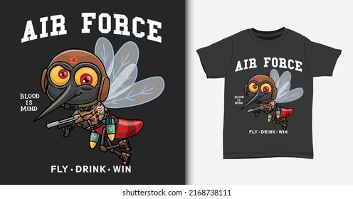 Mosquito cartoon, air force illustration with t shirt design mock up.