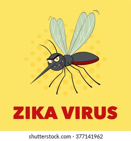 Mosquito Cartoon Character Flying. Vector Illustration With Background With Text Zika Virus