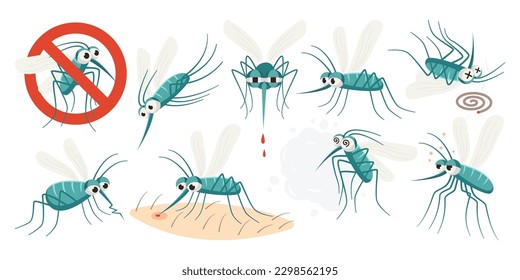 Mosquito characters flat illustrations set. Small flying insect, bites and sucks blood. Died bug. Color design elements