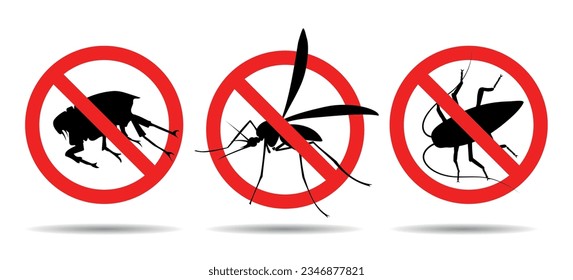 Mosquito cockroach flea warning prohibited signs. Dangerous harmful insects infection protection insectiside red emblems, anti mosquitoes biting midges repellent insect stop icons