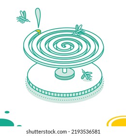 Mosquito Coil with Mosquitoes Isolated on White Background. Vector Illustration. Isometric Outline Object. svg