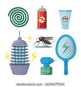 Conjunto de produtos de controle de mosquito. Ilustração de vetor plano de repelente de mosquito, raquete elétrico, spray, creme repelente e mosquito ou lâmpada de mata-moscas também espirais bobinas repelentes. 