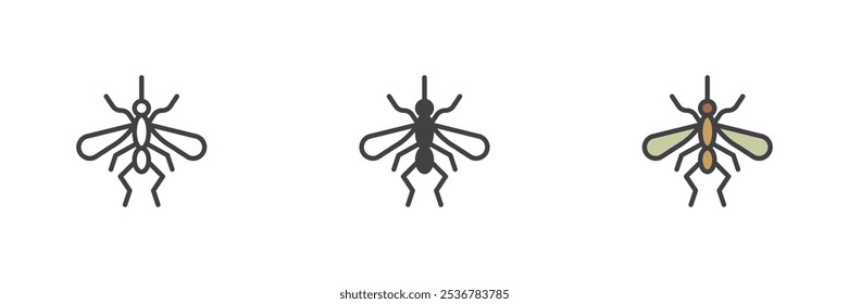 Mosquito different style icon set. Line, glyph and filled outline colorful version, outline and filled vector sign. Gnat symbol, logo illustration. Vector graphics