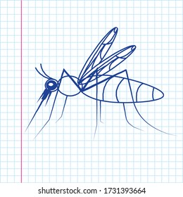 Mosquito dibujado en una sábana a cuadros. Imitación del dibujo a mano con un bolígrafo azul. Ilustración de un insecto portador de malaria. Imagen vectorial en un cuaderno escolar.