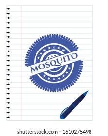 Mosquito emblem draw with pen effect. Blue ink. Vector Illustration. Detailed.