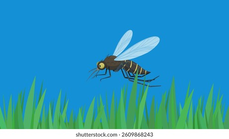 Mosquito in flight seen from the side above grass under a blue sky in a cartoon style