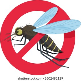 Mosquito in flight seen from the side in cartoon style with the red crossed out circular prohibition symbol (cut out)