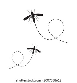 Icono de mosquito. Mosquito volando por una ruta de puntos. Un insecto que chupa la sangre. Ilustración del vector aislada en fondo blanco